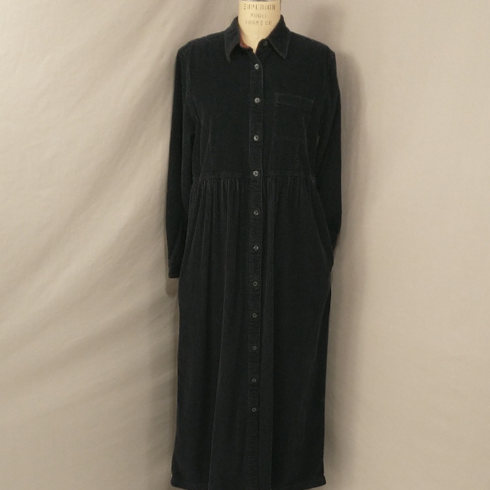 Wide Wale Corduroy Dress Long Sleeve Button Front Pockets 100% Cotton SeeMeasure